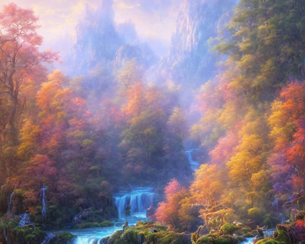 Ethereal autumn landscape with waterfalls and colorful foliage