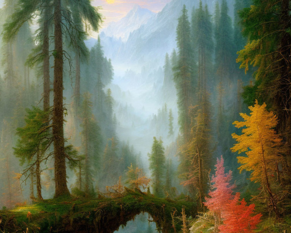 Serene autumn forest with pond, misty mountains, and colorful foliage