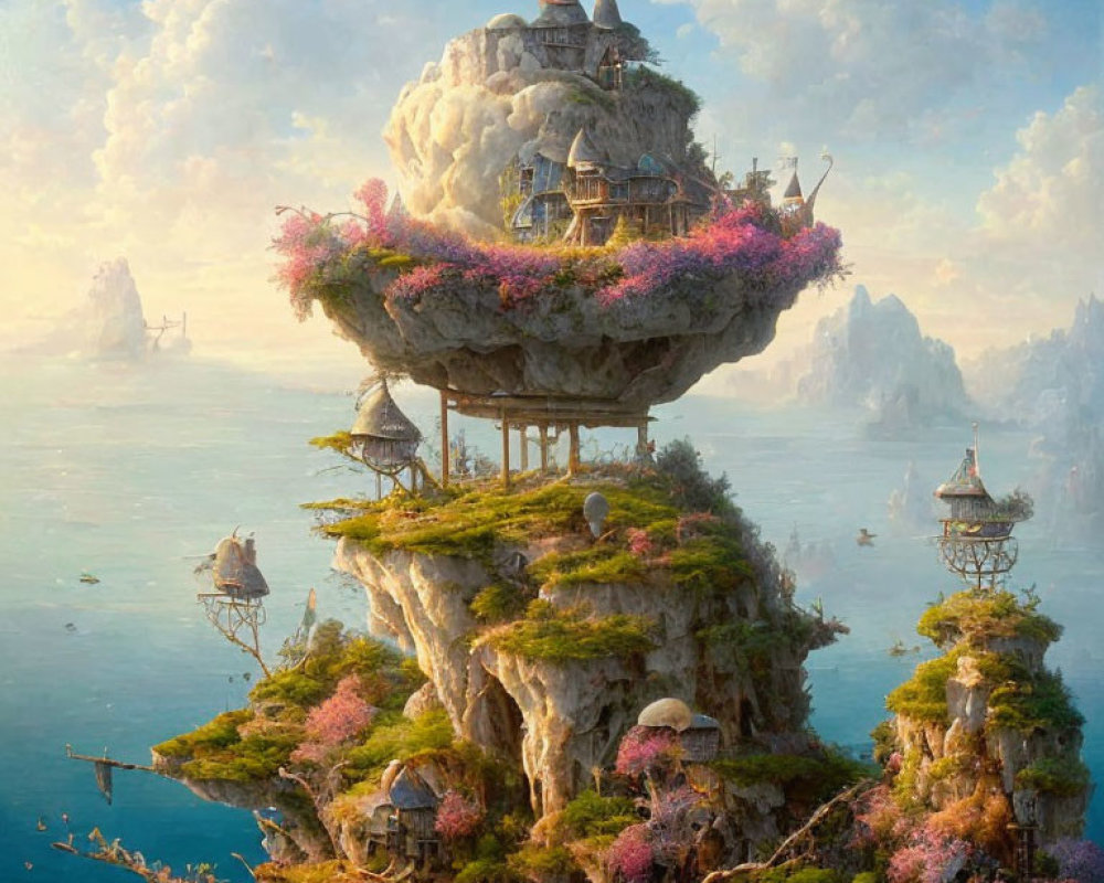 Fantastical floating island with houses and lush trees above ocean with sailing ships.