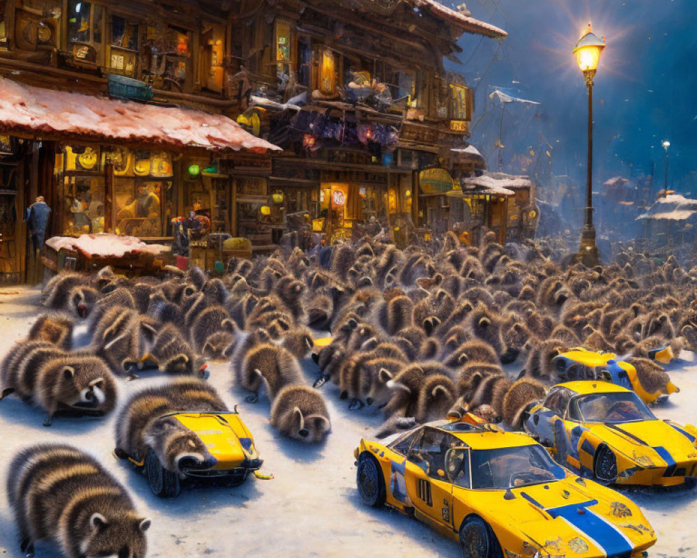 Snowy street with raccoons and sports cars outside rustic building