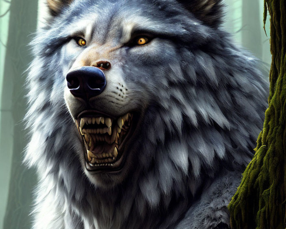 Detailed Illustration: Snarling Grey Wolf with Yellow Eyes in Misty Forest