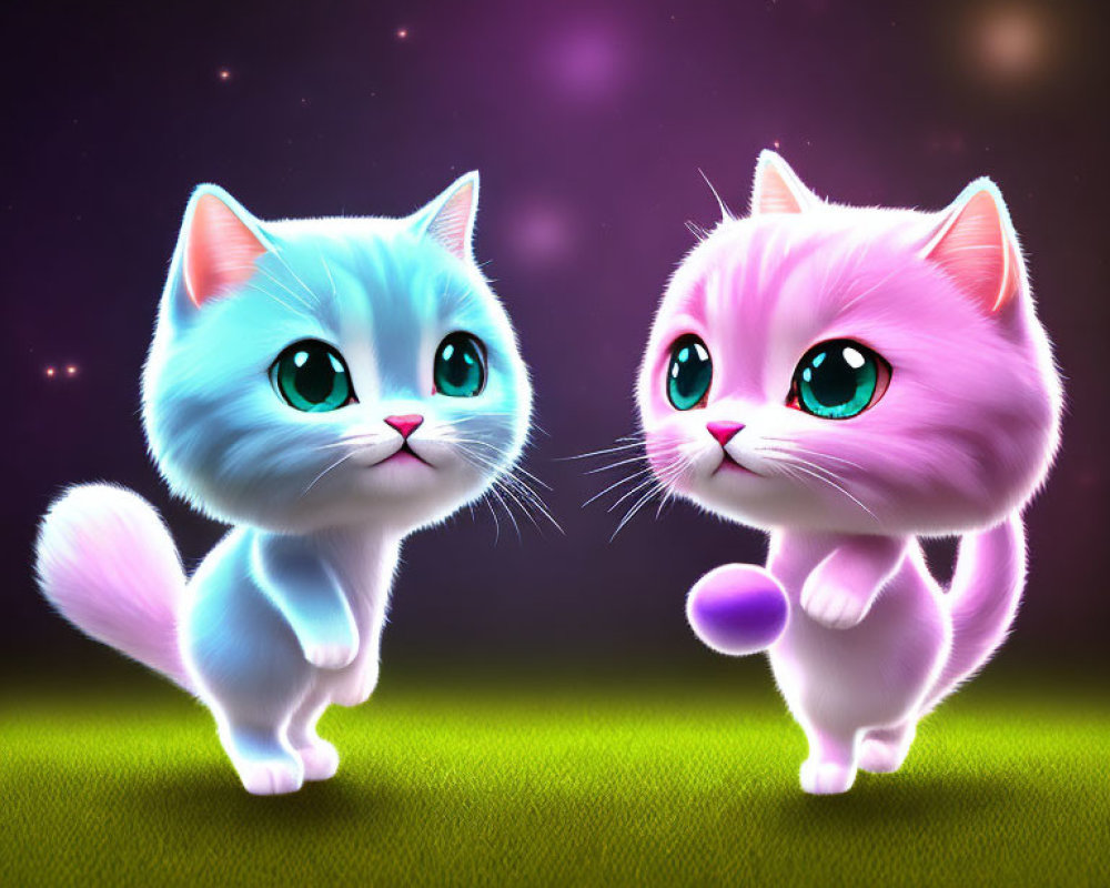 Two large-eyed animated kittens in whimsical night scene, one blue and one pink, with glowing aura