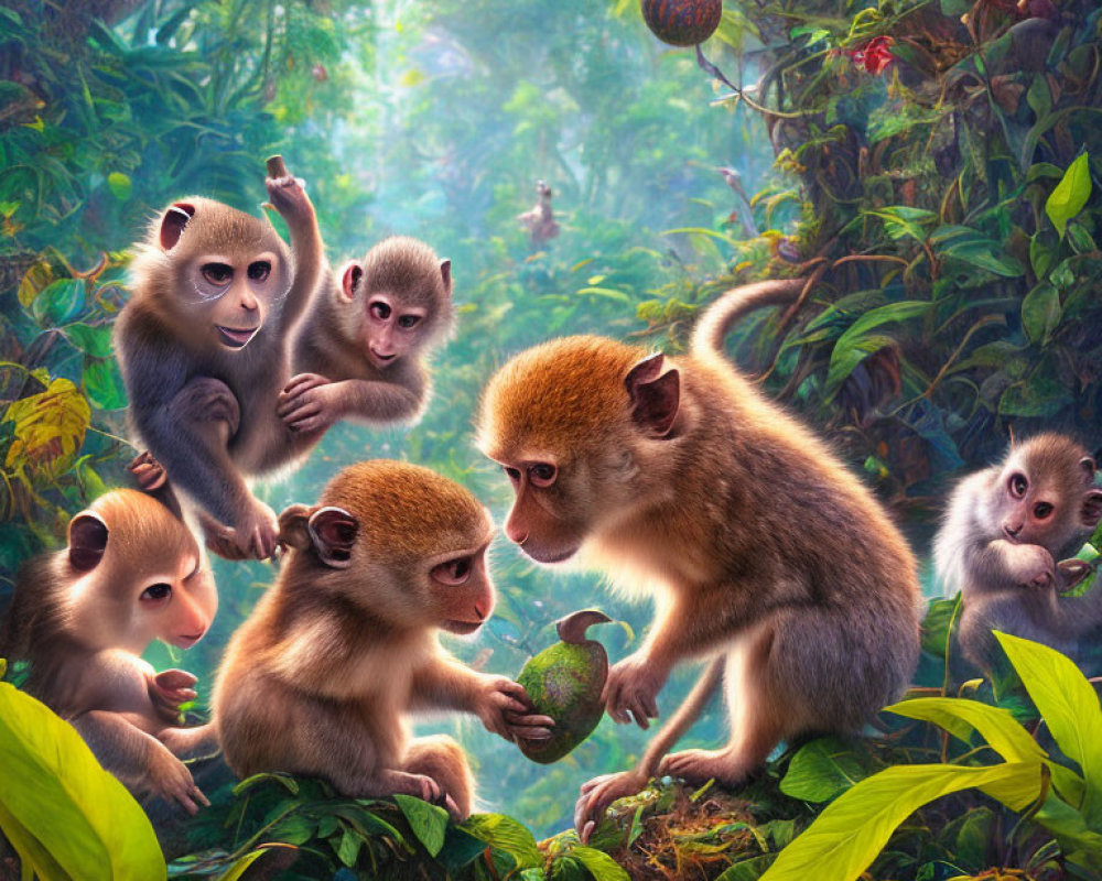 Vivid Monkeys in Colorful Jungle with Green Foliage