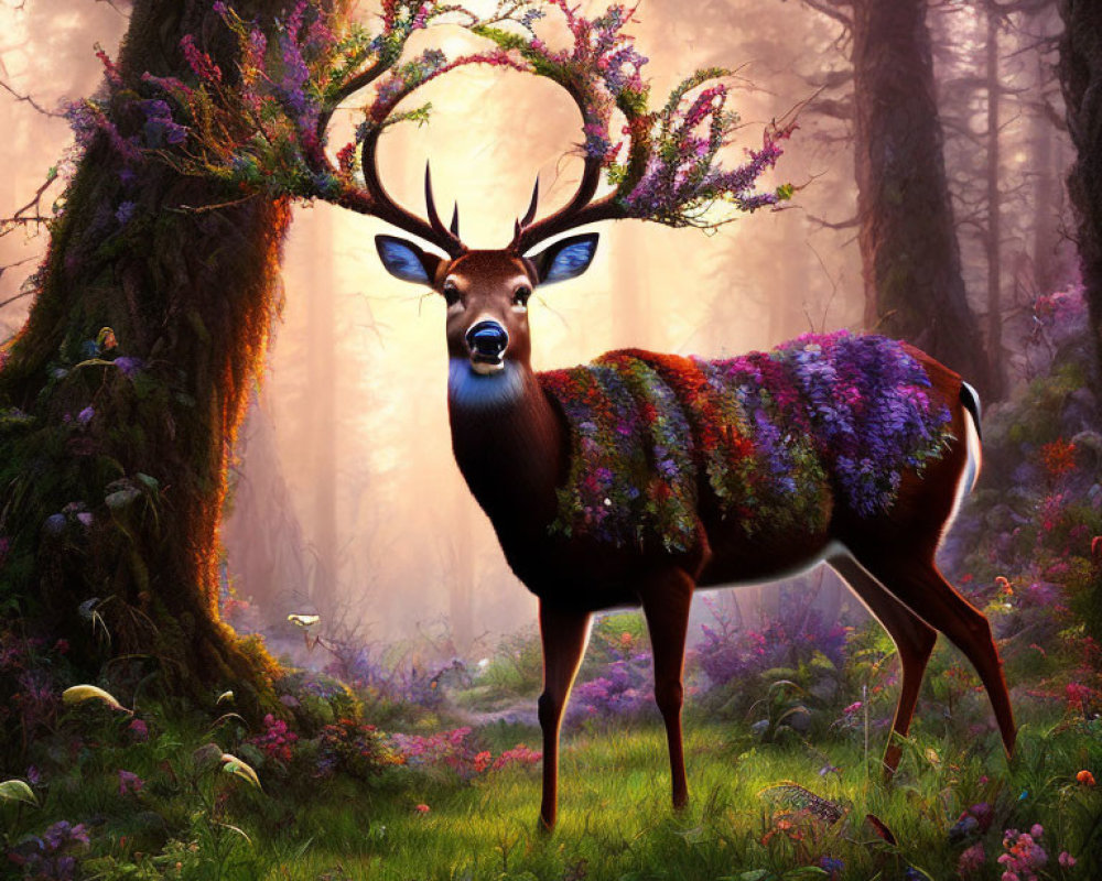 Colorful Flower-Covered Deer with Tree-Shaped Antlers in Mystical Forest