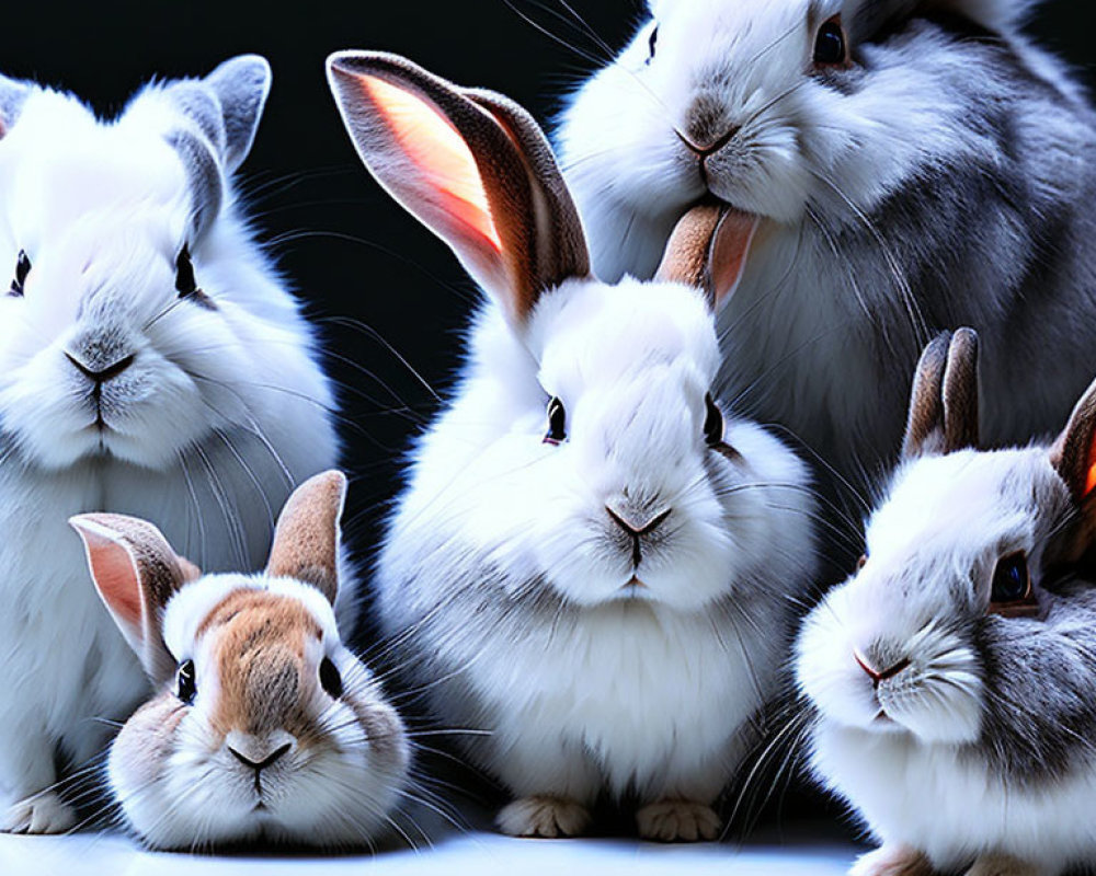 Six Colorful Rabbits Against Dark Background