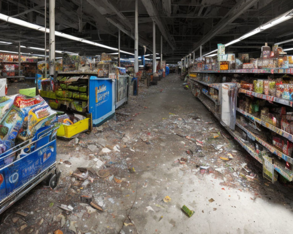 Empty shelves, debris, and neglected carts in abandoned supermarket