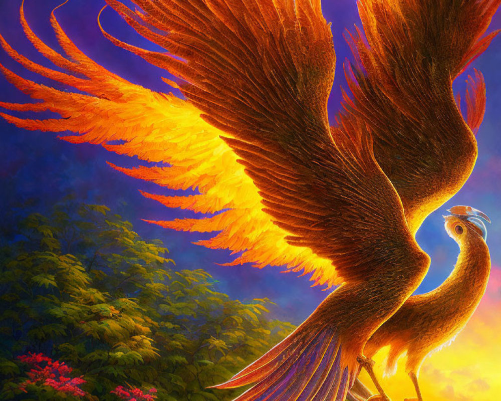 Colorful Phoenix Illustration with Fiery Wings in Twilight Forest