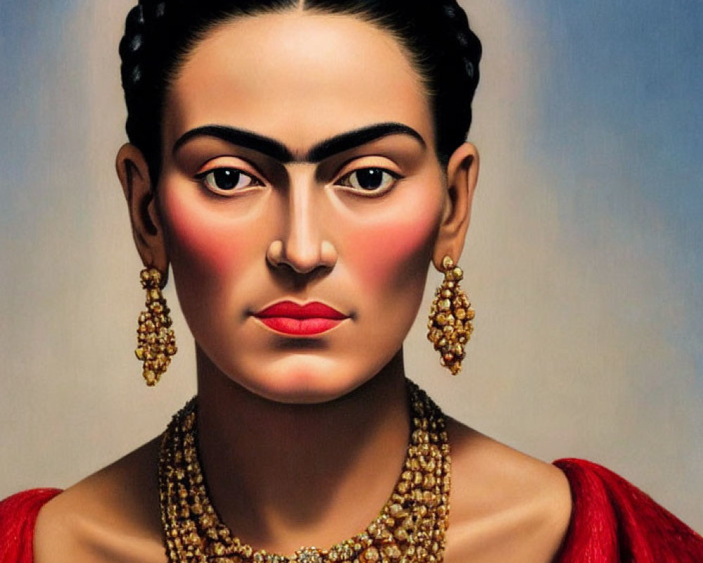 Portrait of a woman with unibrow, braided hair, gold earrings, red garment, orn