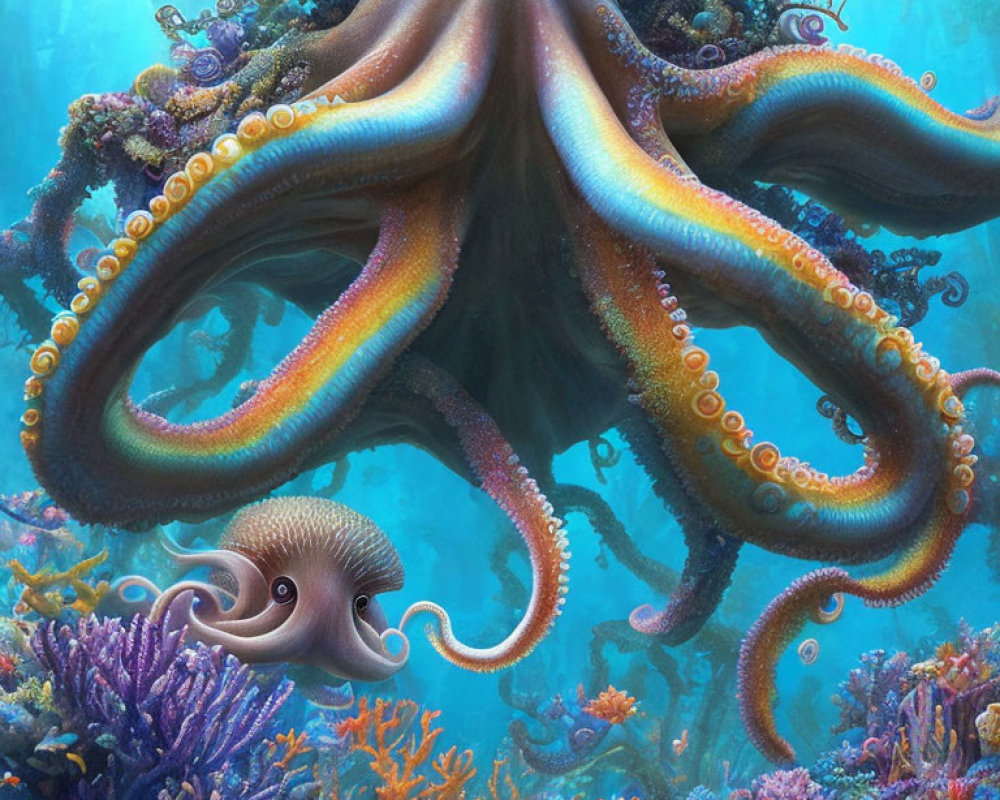 Colorful octopus illustration above vibrant coral reef