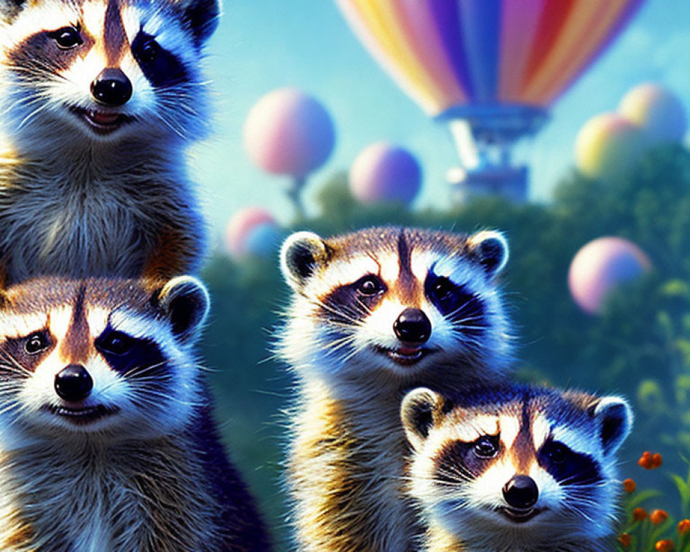 Four curious raccoons with hot air balloons in sunny sky