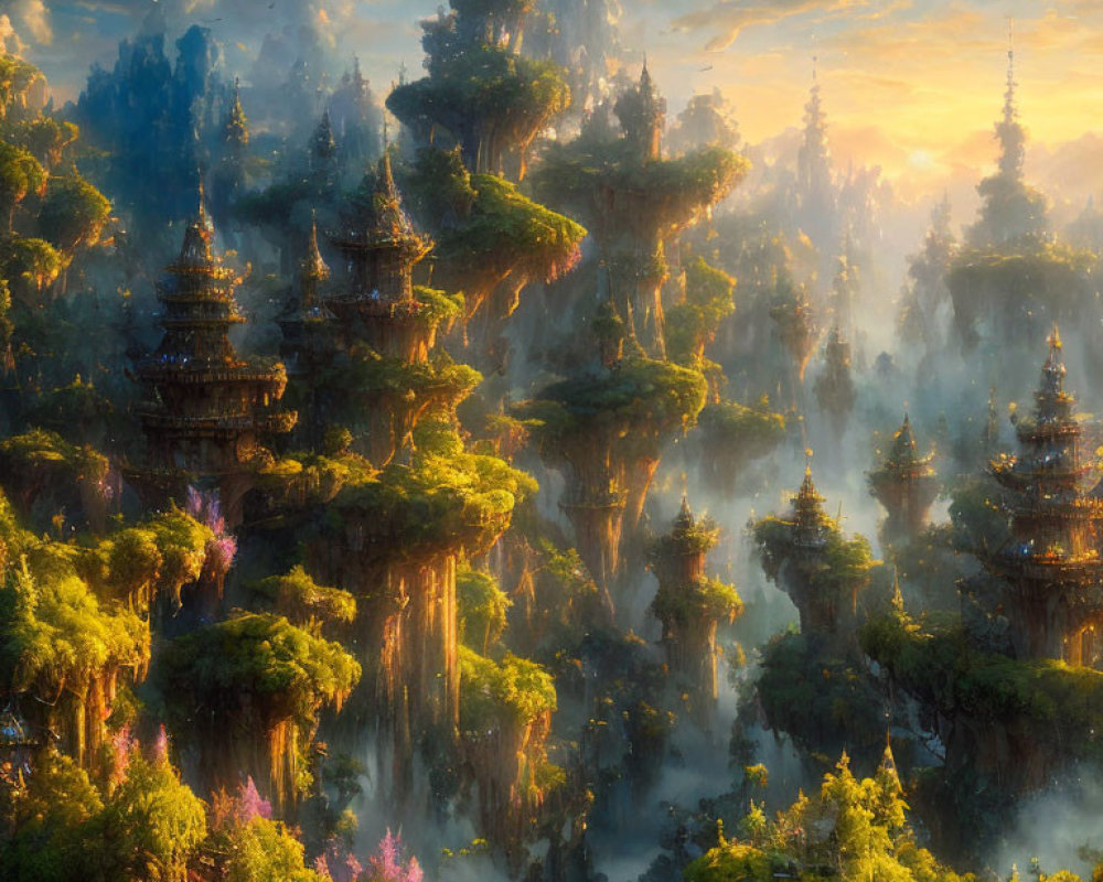 Fantasy landscape with floating pagoda-style islands in golden sunlight.