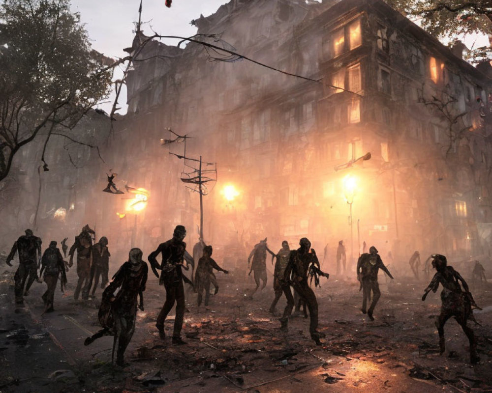 Post-apocalyptic urban scene with group of zombies amidst damaged buildings