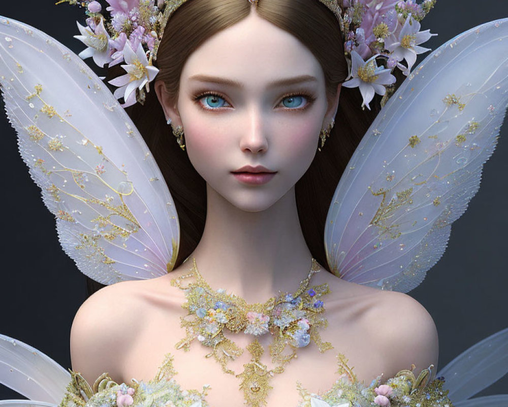 Digital artwork: Fairy with blue eyes, floral crown, and golden-accented translucent wings.