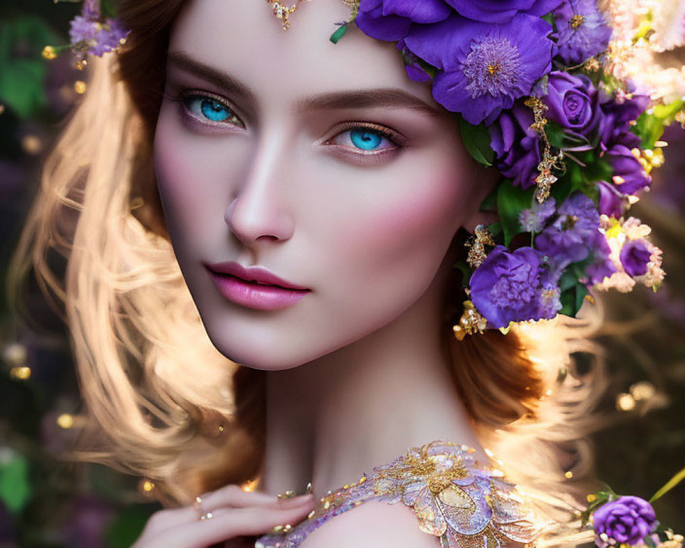 Portrait of Woman with Striking Blue Eyes and Floral Headpiece