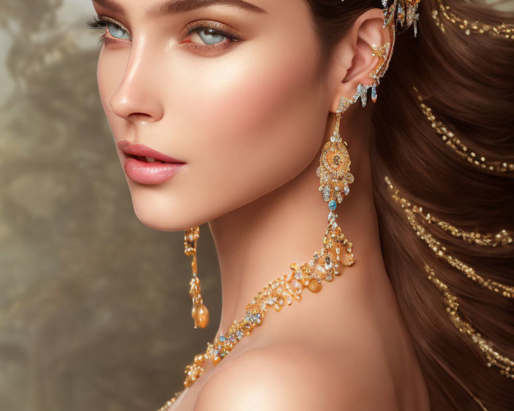 Elegant woman in gold jewelry and intricate dress detailing