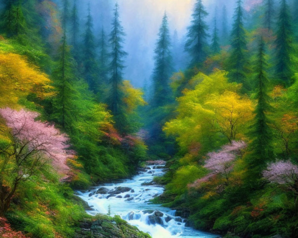 Tranquil stream in vibrant forest with pink blossoms and green pines