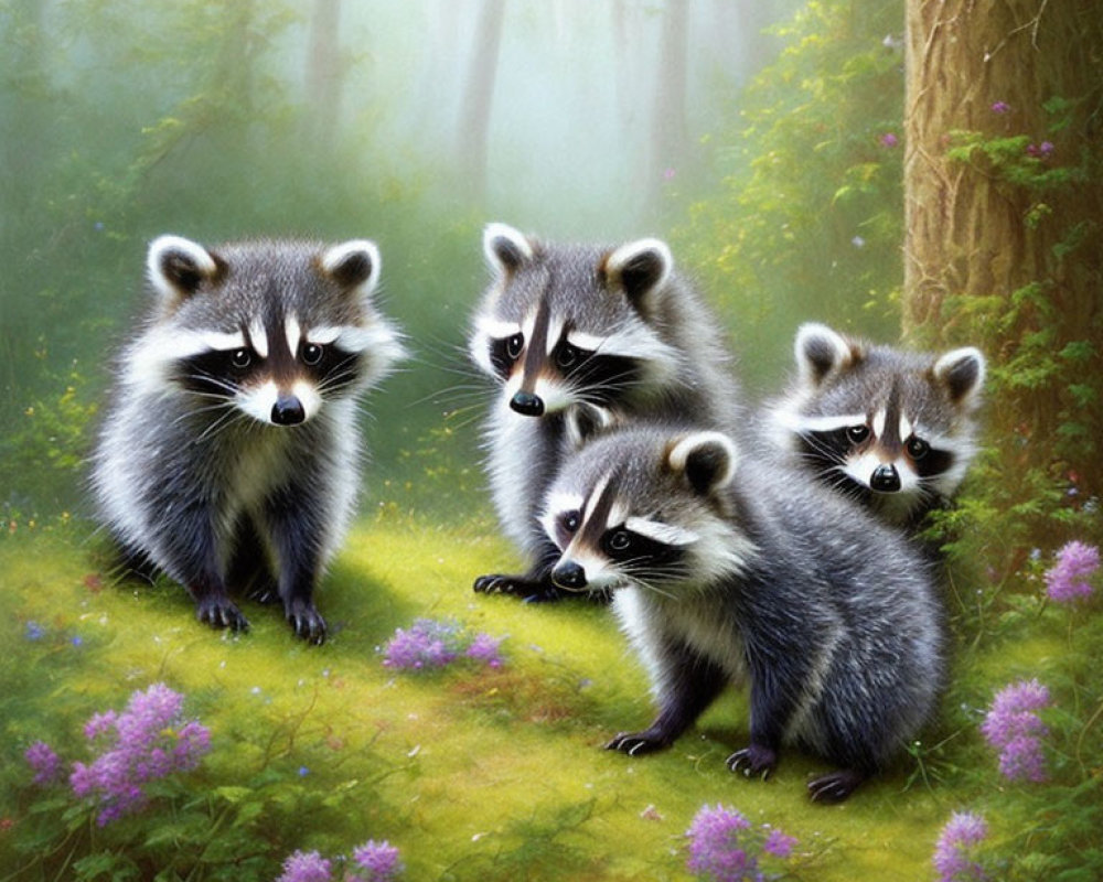 Four raccoons in sunlit forest with purple flowers - Nature Scene