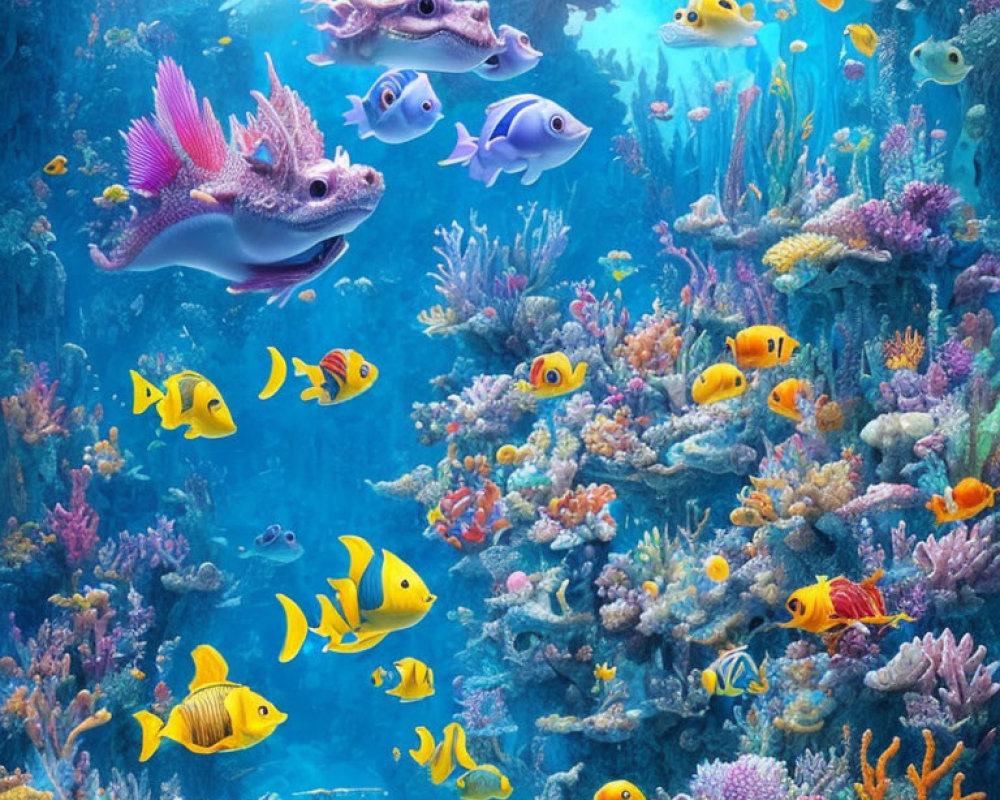 Colorful fish and coral reefs in vibrant underwater scene