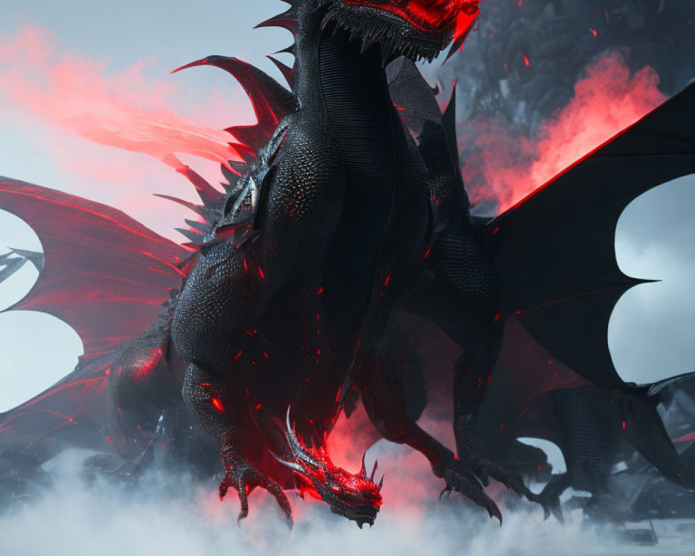 Black dragon with red eyes and fiery details in a smoky setting