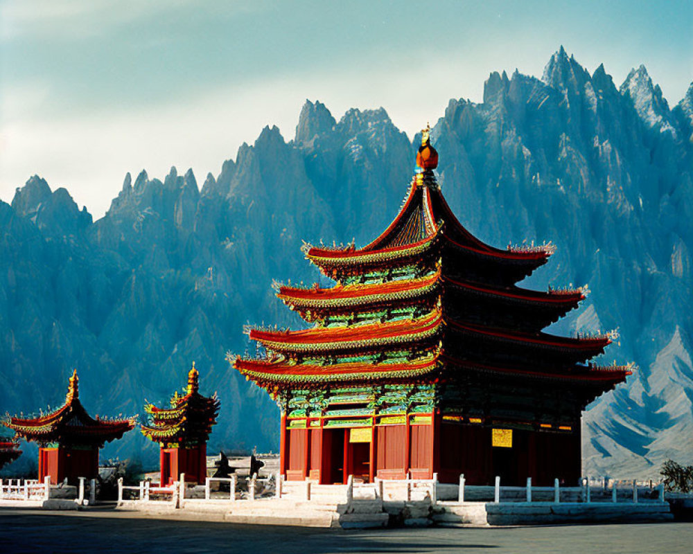 Traditional Chinese Pagoda Temple with Multi-tiered Roofs and Mountain Backdrop