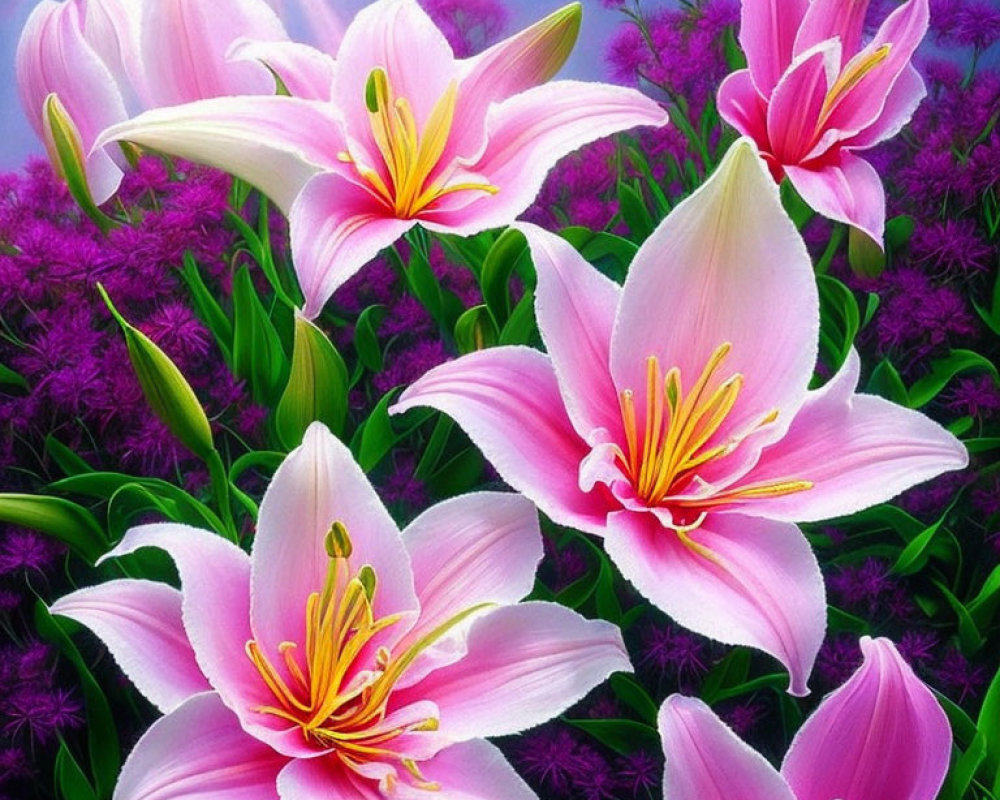 Detailed pink lilies in lush purple garden under soft light