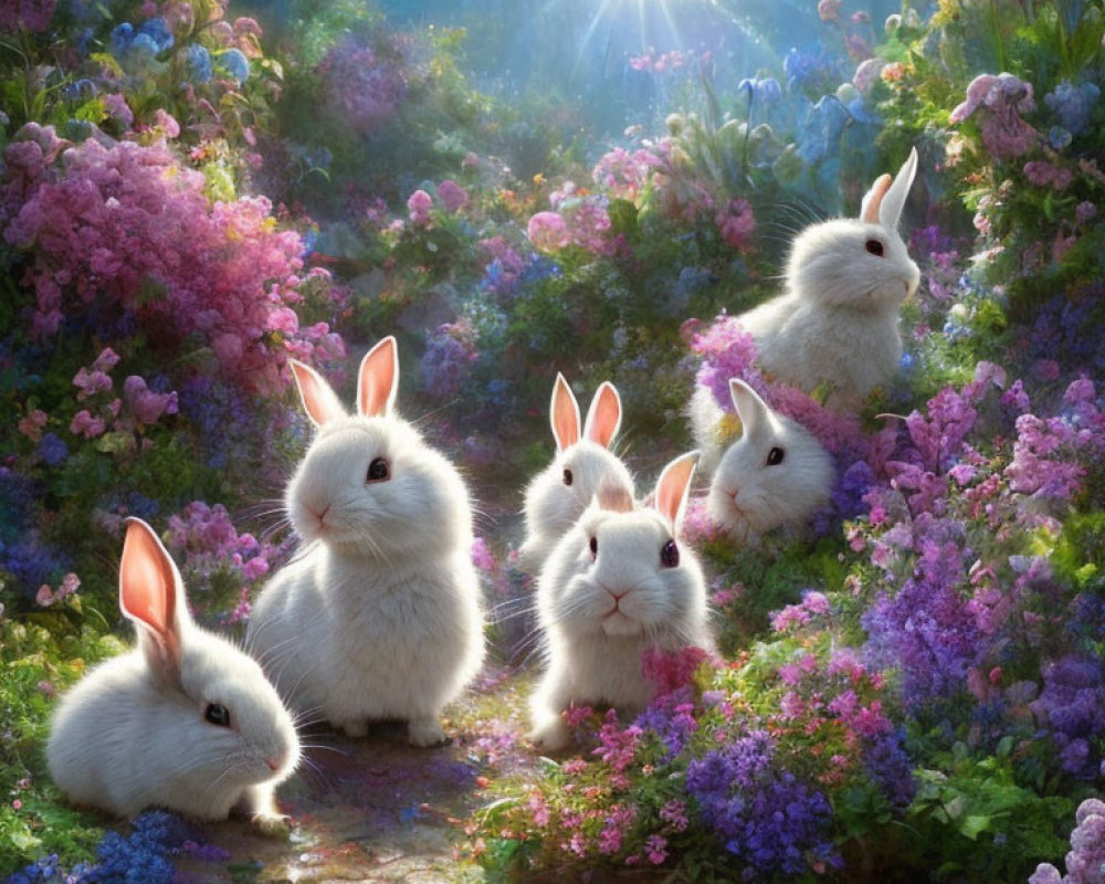 Fluffy white rabbits in vibrant purple and pink garden scene