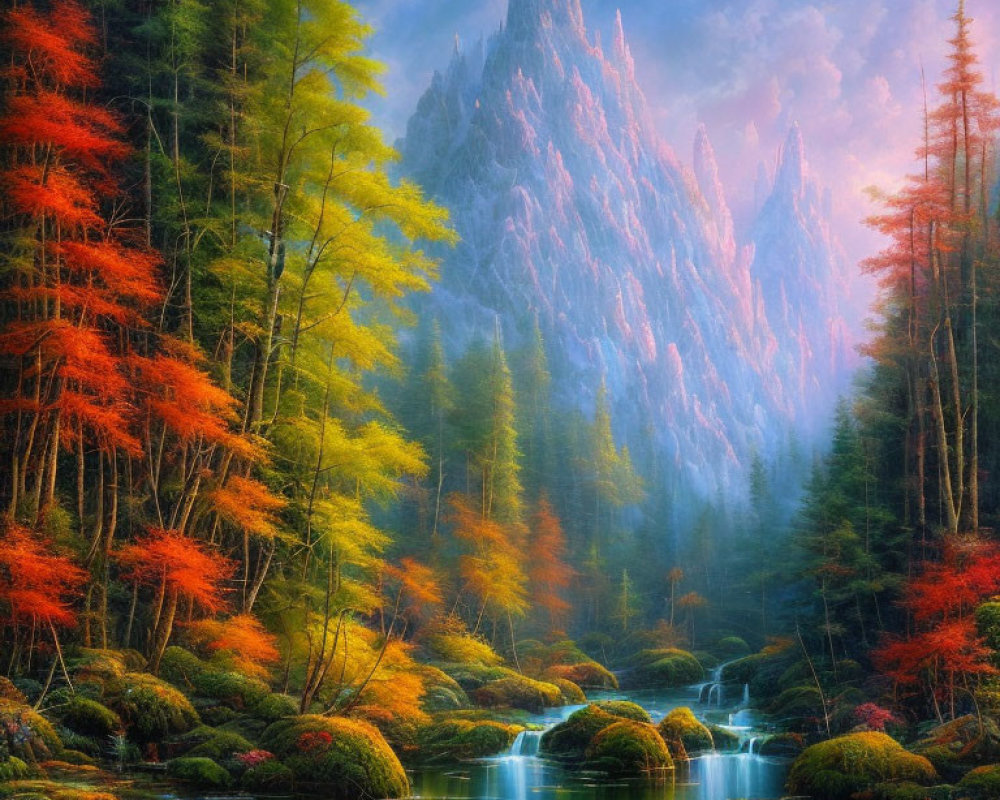 Mystical autumn forest with stream and mountain