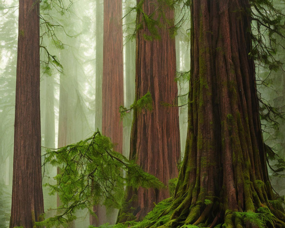 Majestic redwood trees in misty green forest