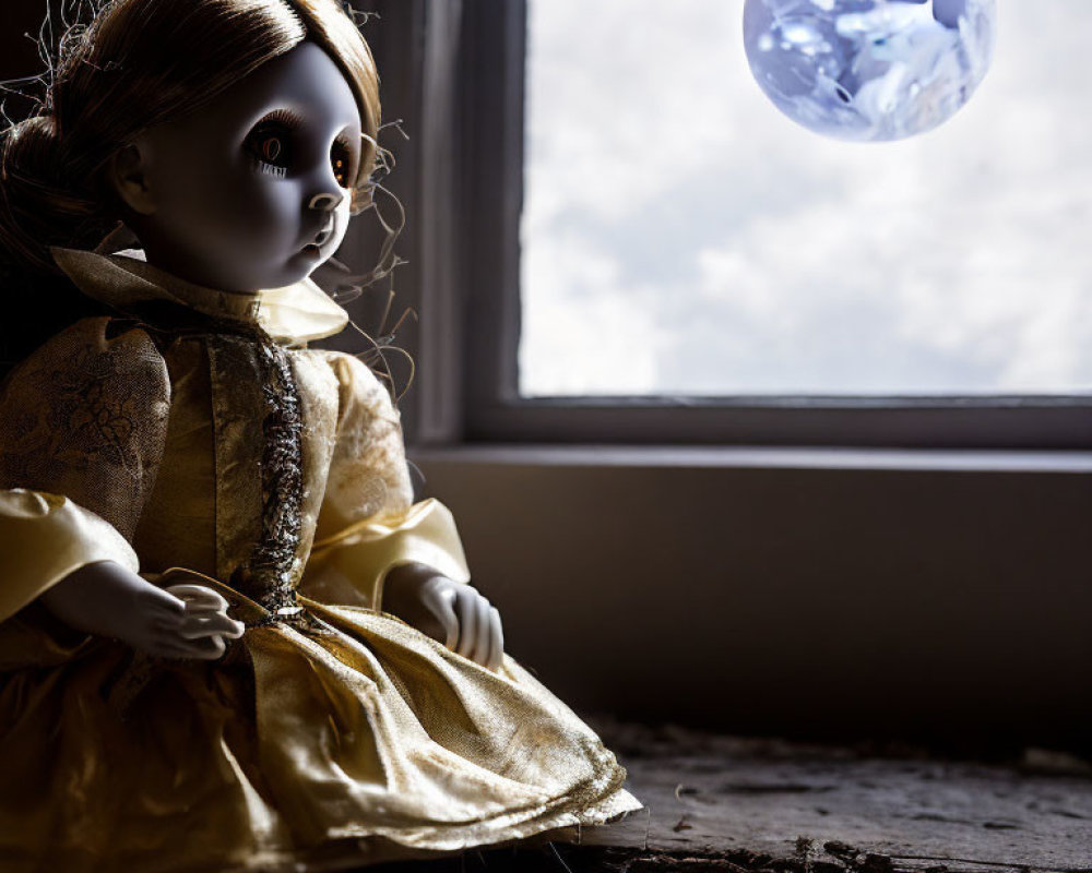 Eerie doll with button eye by window under full moon