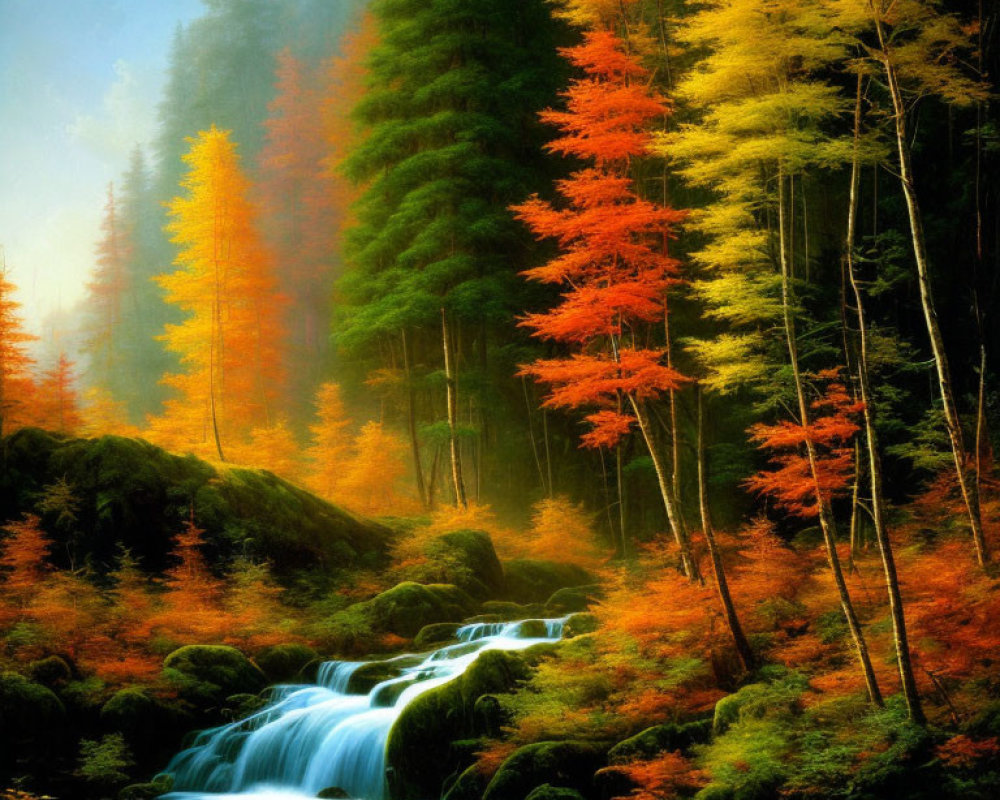 Tranquil autumn forest with waterfalls and colorful foliage