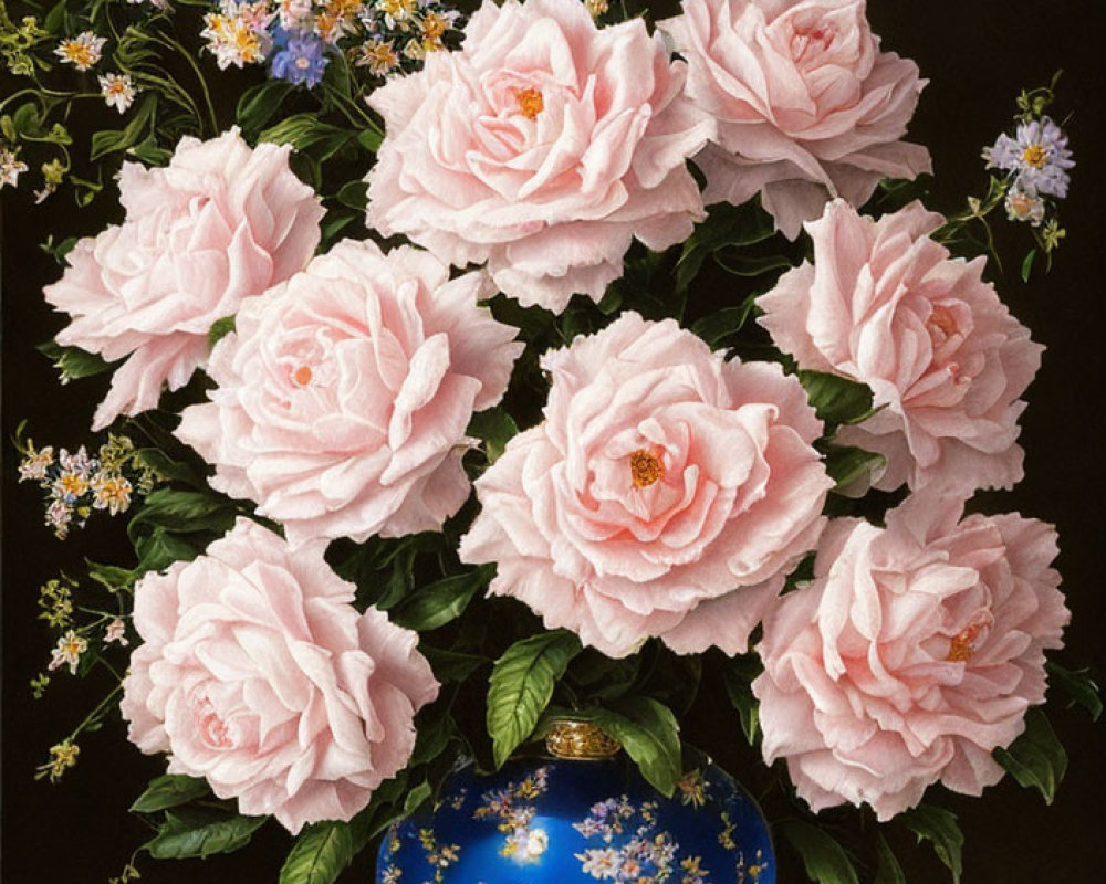 Pink Roses and Blue Wildflowers in Blue and Gold Vase on Dark Background