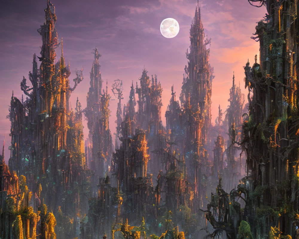 Fantasy landscape with moss-covered spires under twilight sky