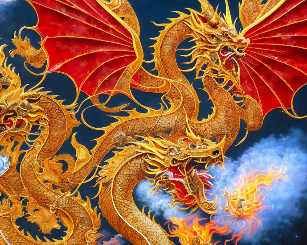 Golden Dragon with Red Wings and Fiery Breath in Starry Sky