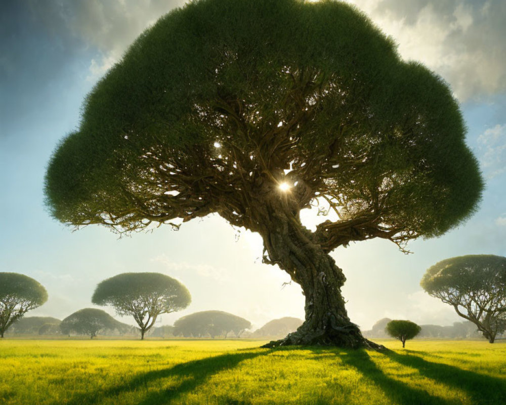 Majestic tree with broad canopy in sunlight on lush savanna