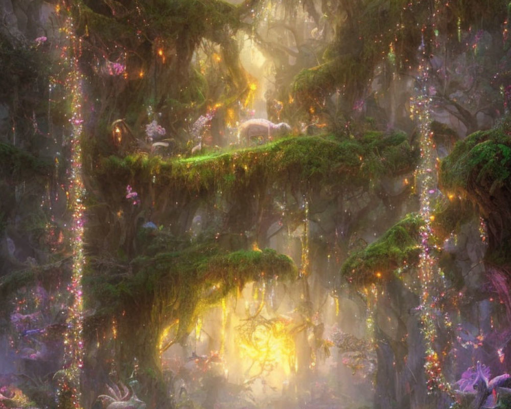 Mystical forest scene with lush trees and glowing flora