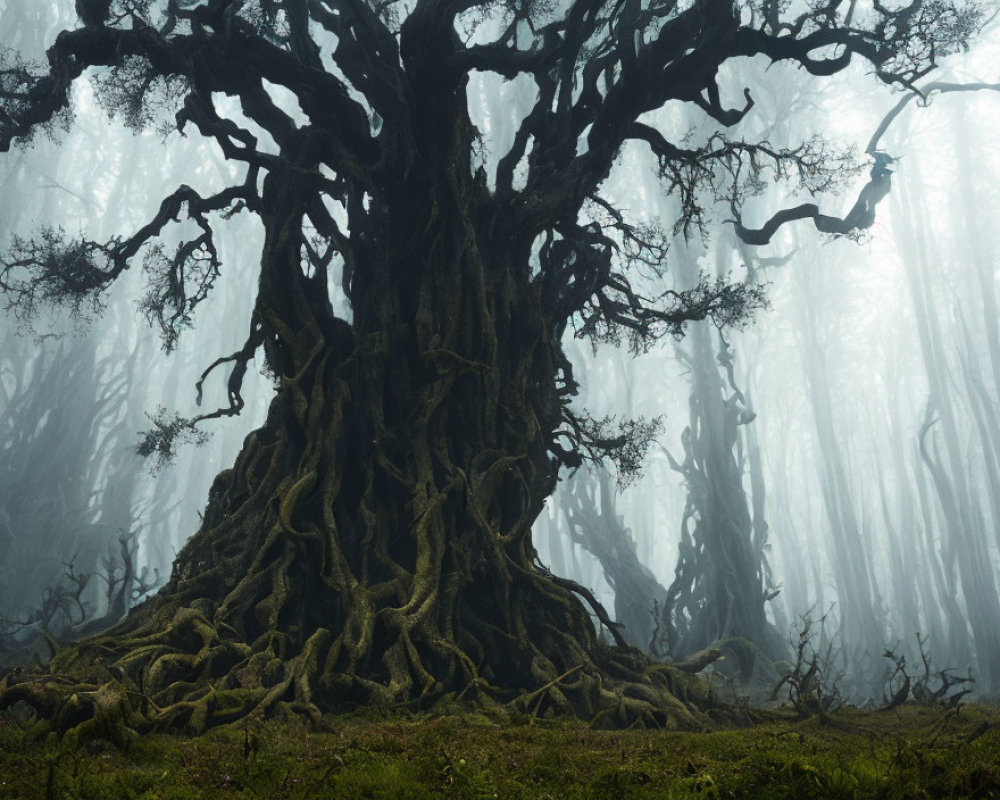 Ancient tree with sprawling roots in misty forest