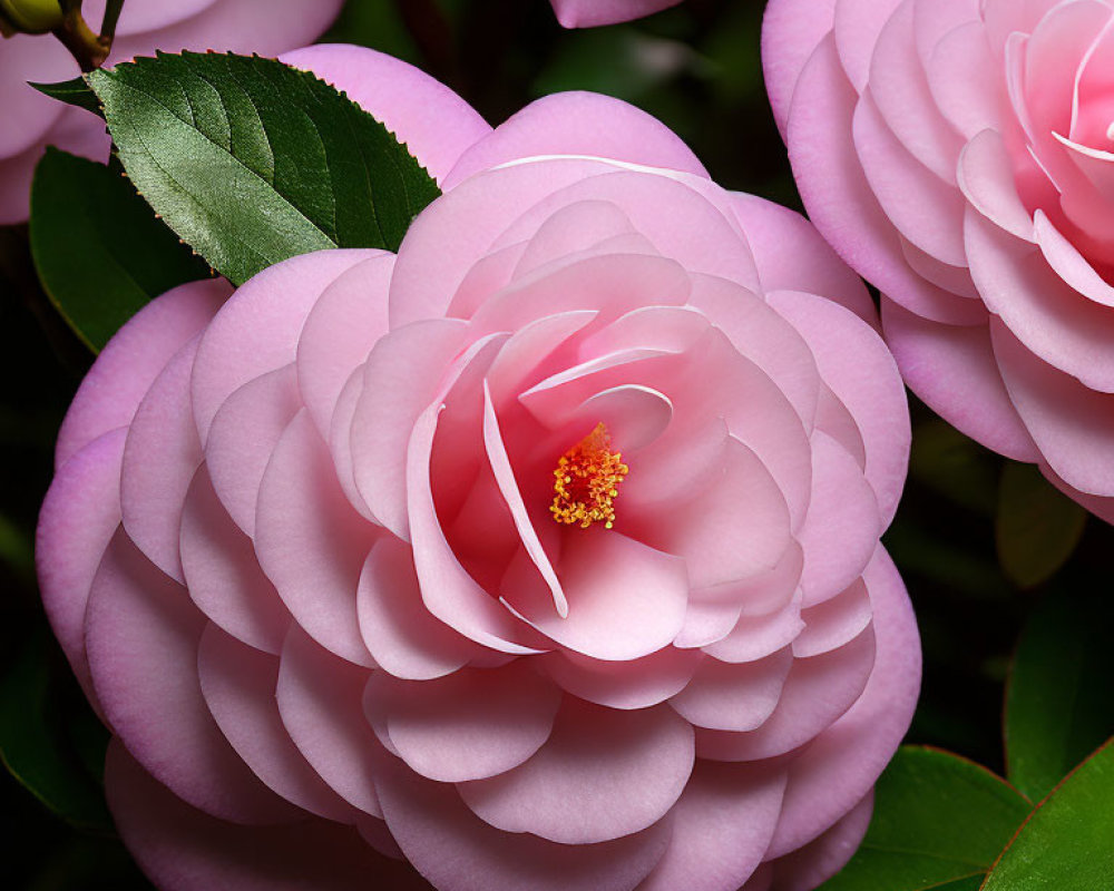 Pink Camellia Flower in Full Bloom with Layered Petals and Yellow Stamen