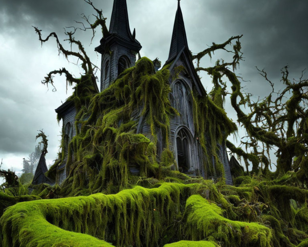 Gothic church surrounded by moss and trees under stormy sky