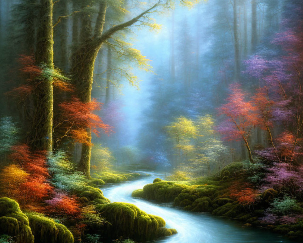 Tranquil Autumn Forest with Sunlight, Mist, and River