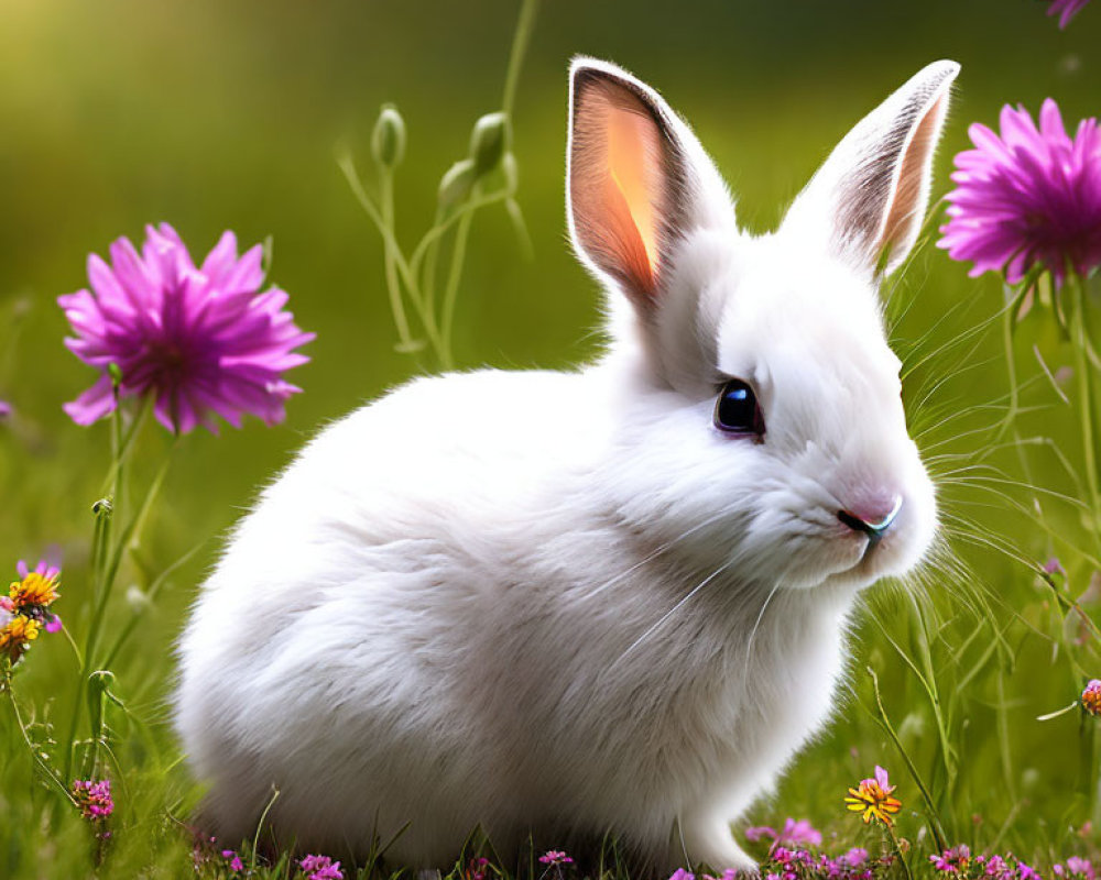 White Rabbit Surrounded by Green Grass and Pink Flowers