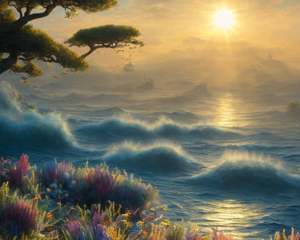 Sunrise over vast ocean with rolling waves, wildflowers, and solitary tree.