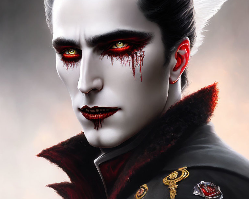 Dark vampire illustration with red eyes, pale skin, black hair, and military-style outfit.