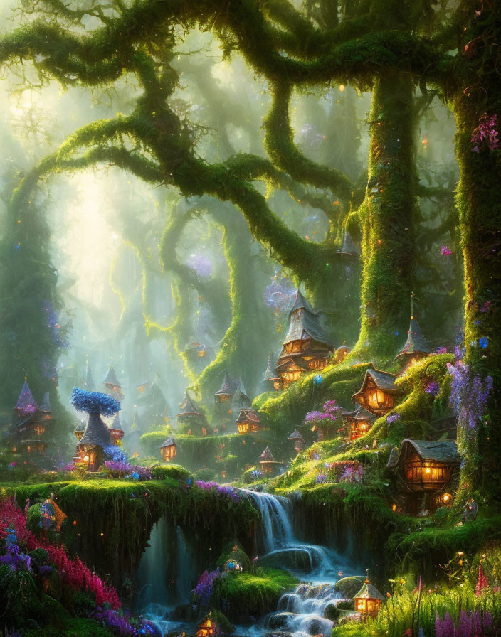 Moss-Covered Trees and Whimsical Houses in Enchanted Forest Scene