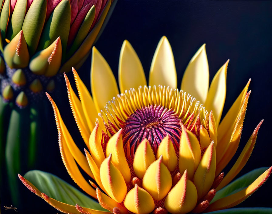 Detailed Close-Up of Yellow and Orange Protea Flower with Purple Center