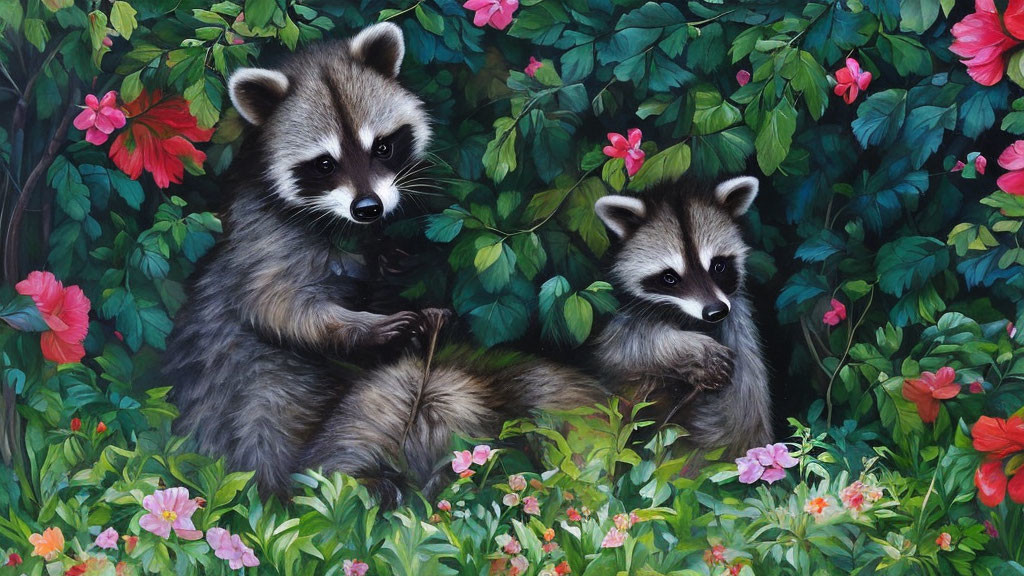 Pair of raccoons in lush green foliage with colorful flowers