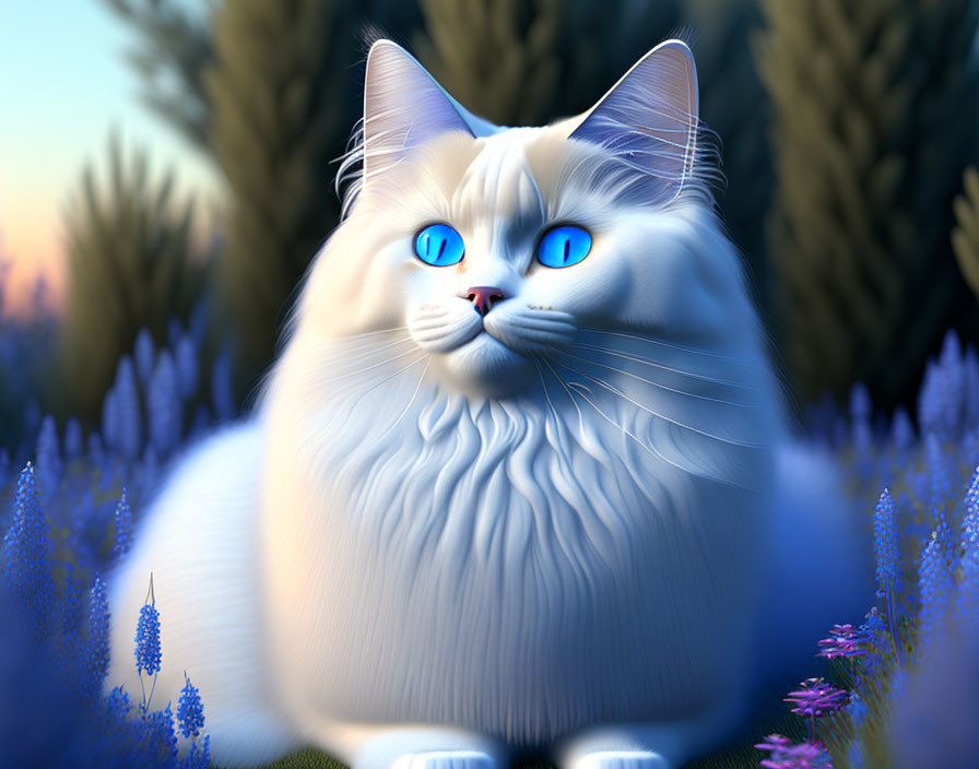 Fluffy white cat with blue eyes in lavender field under soft light