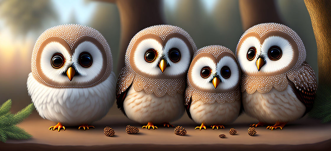 Four cute animated owls perched on branch with pine cones and forest backdrop