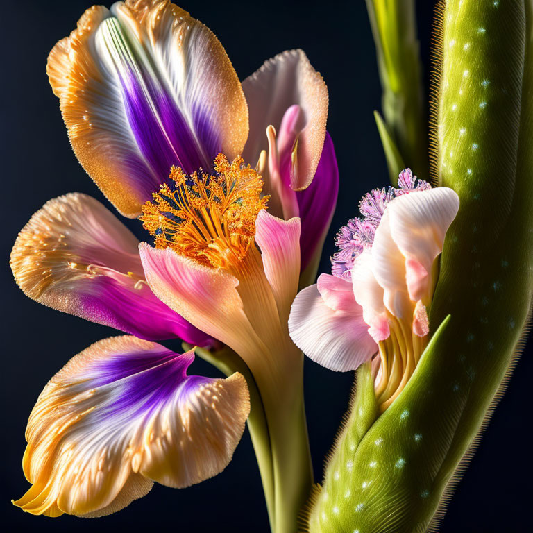 Colorful blooming flower with orange, purple, and white petals and green spiky stem