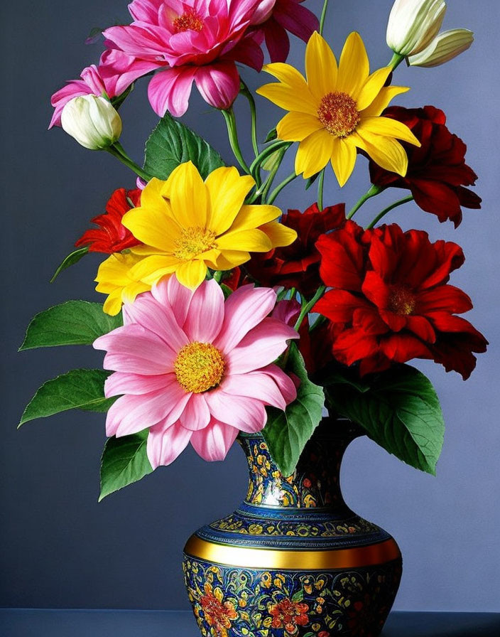 Colorful Flower Bouquet in Blue and Gold Vase on Grey Background