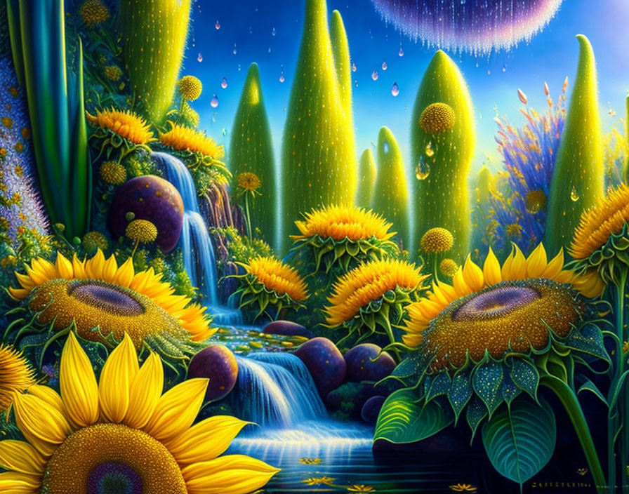 Fantastical landscape with sunflowers, waterfall, and luminescent plants